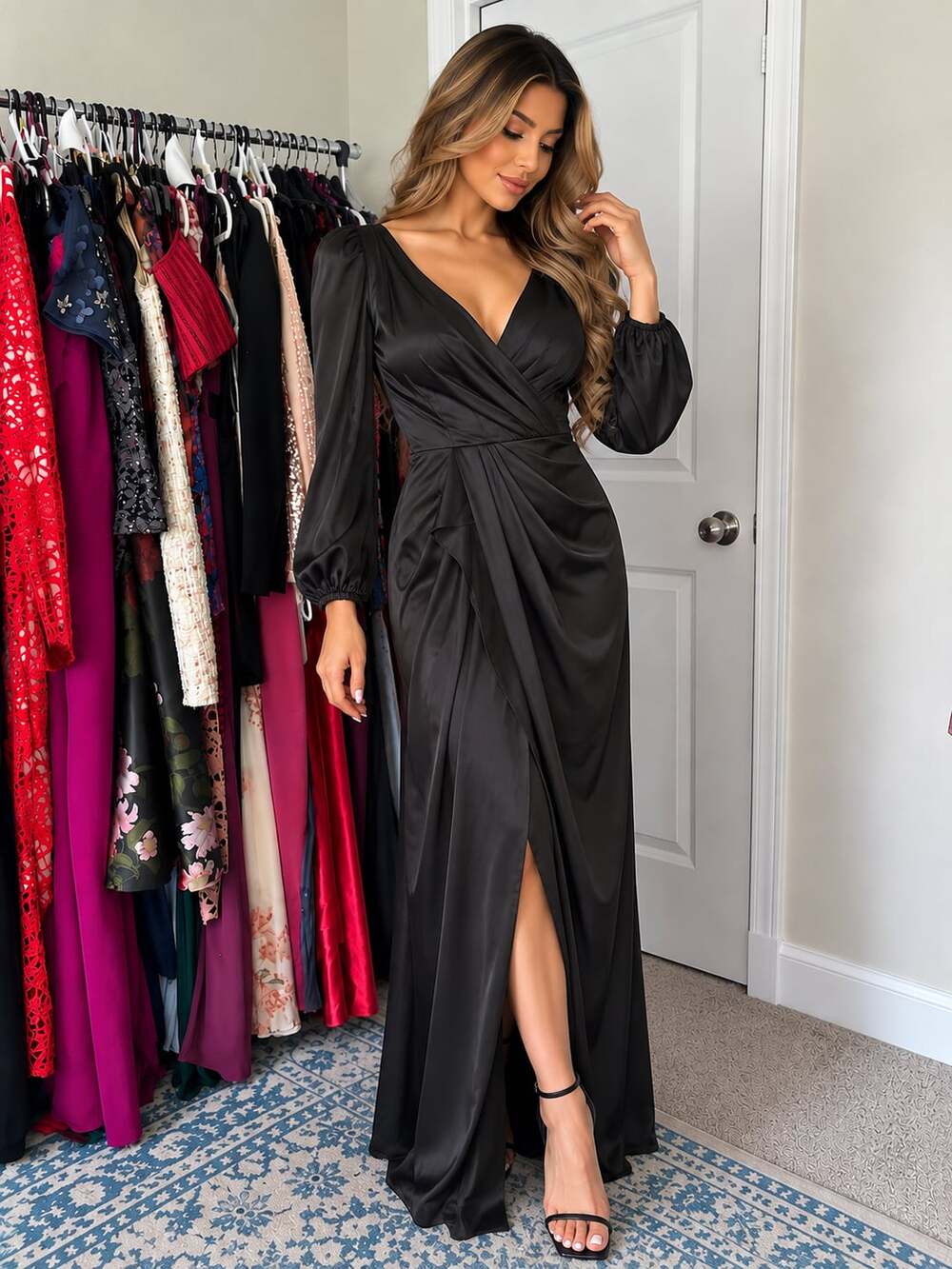 Azazie Dress Size A8 Black Satin Long Sleeve V-Neck Maxi